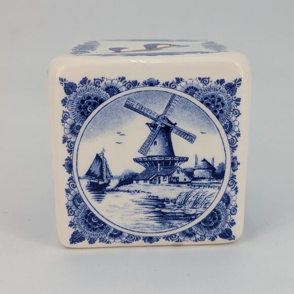 Delft Blue Holland Windmills Cube Bank Ceramic Transferware Coin Storage VTG - Picture 8 of 10